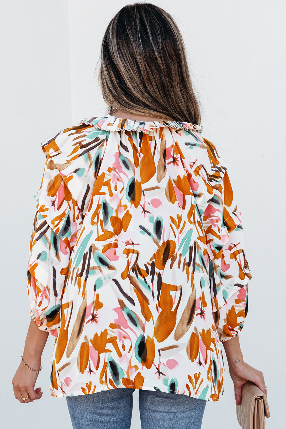 White Printed Drawstring Frilled V Neck 3/4 Sleeve Blouse
