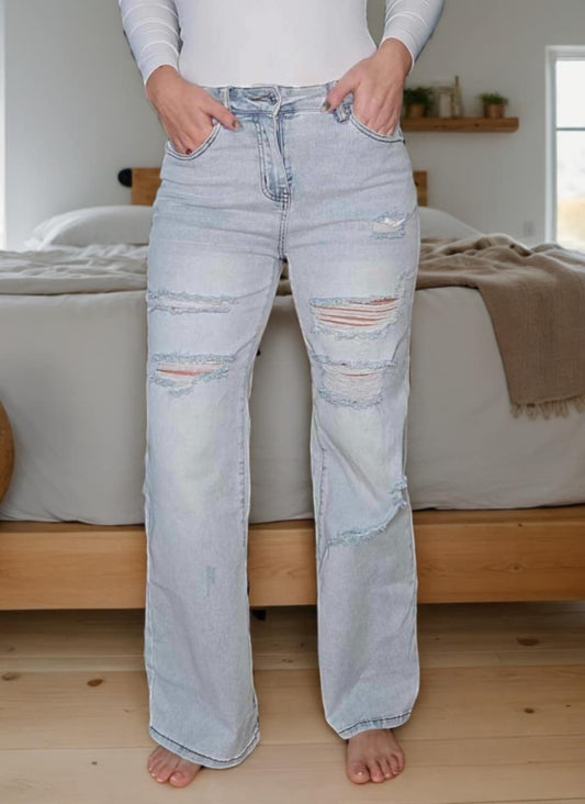 Light Wash Distressed High Waist Wide Leg Jeans